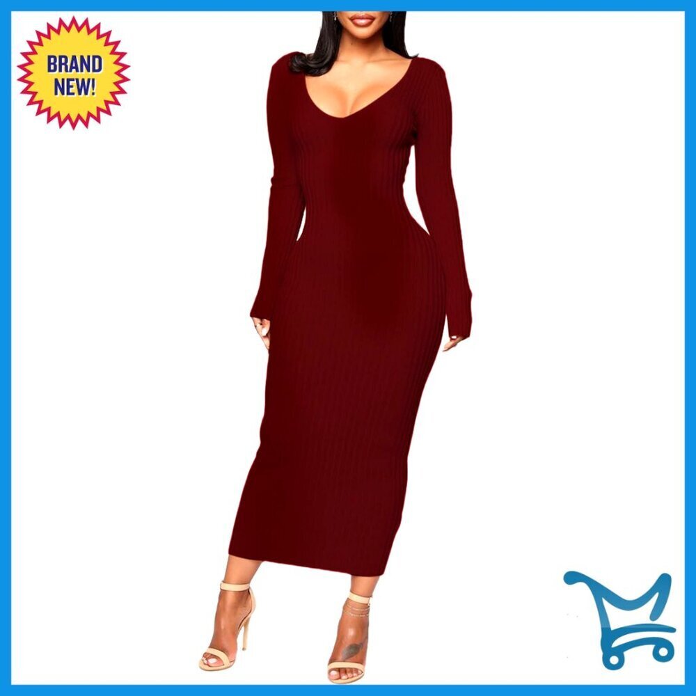 Ribbed Bodycon Sweater Dress V-Neck Off Shoulder Long Sleeve Knit Midi